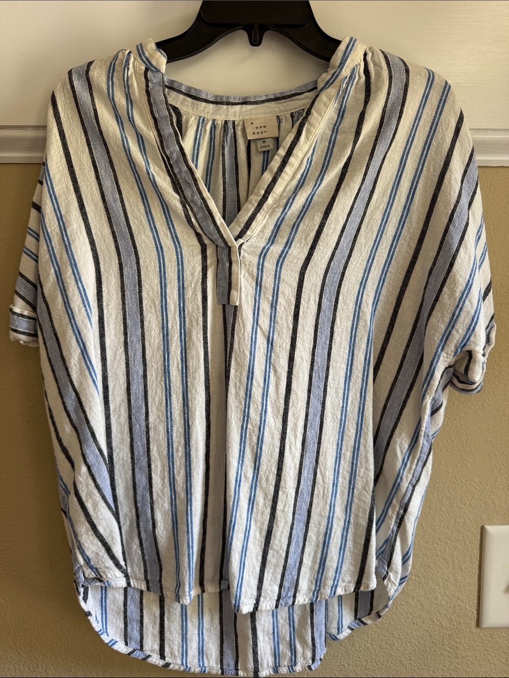 a new day Blue, White & Black Striped Short Sleeve Button-Down Top